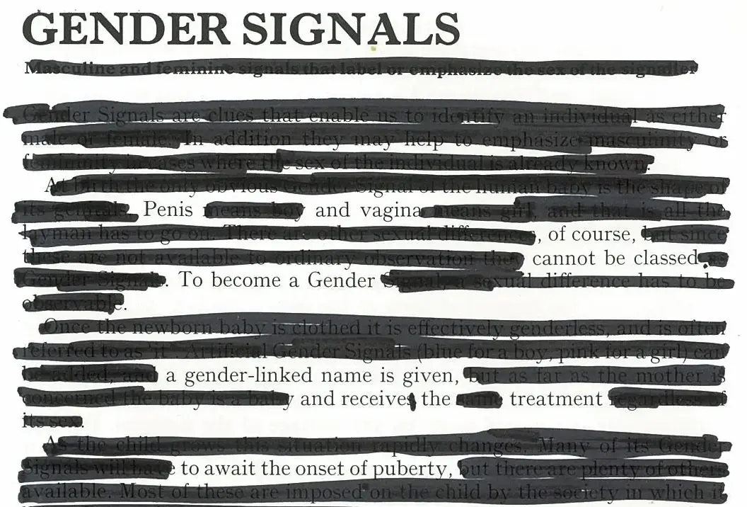 White serifed text on a white page, with most text blacked out. The remaining text, starting with a large title, reads "GENDER SIGNLS. Penis and vagina, of course, cannot be classed. To become a Gender a gender-linked name is given, and receive the treatment to await the onset of puberty."