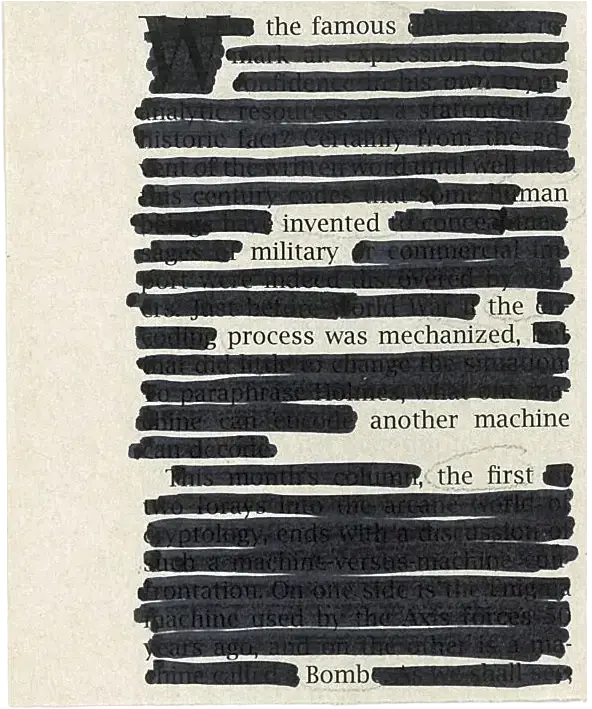 Black serifed text on a yellowed page, with most words blacked out. The remaining text reads: "the famous man invented military the process was mechanized. another machine, the first Bomb"
